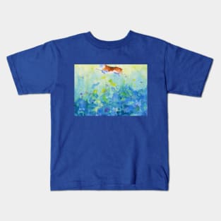 Corgi swimmer in sunlight and sea waves Kids T-Shirt